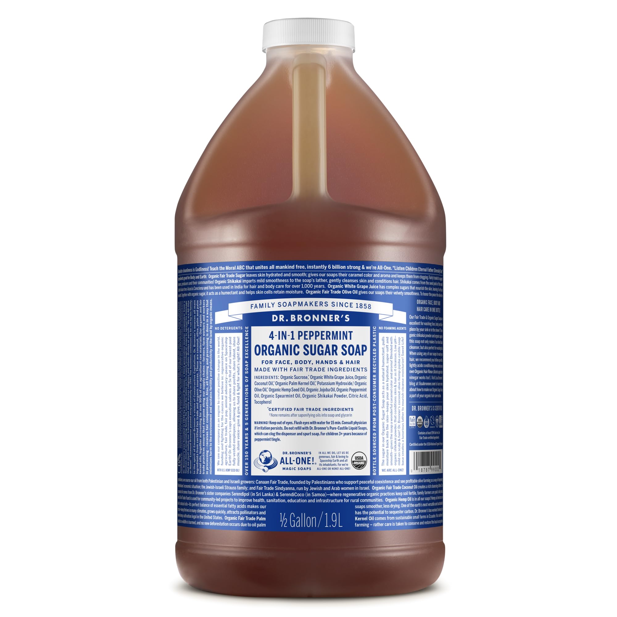 Dr. Bronner’s Organic Sugar Soap peppermint bottle with rich lather for body and hair.
