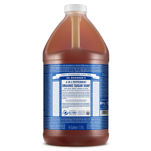 Dr. Bronner’s Organic Sugar Soap peppermint bottle with rich lather for body and hair.