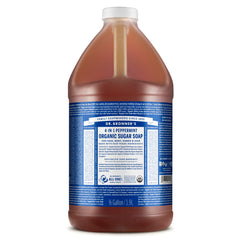 Dr. Bronner’s Organic Sugar Soap peppermint bottle with rich lather for body and hair.