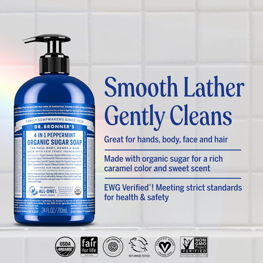 Dr. Bronner’s sugar soap pour for gentle cleansing of hands and shower.