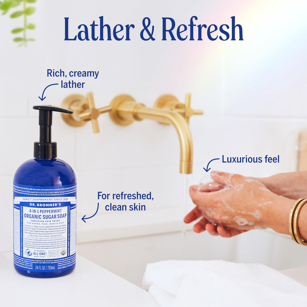 Dr. Bronner’s recycled bottle image emphasizes sustainable packaging.