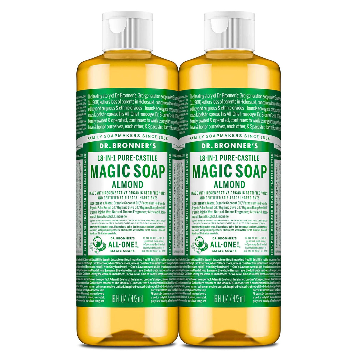 Dr. Bronner's Almond Castile Soap bottle with rich almond fragrance.