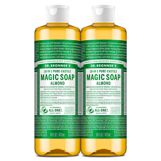 Dr. Bronner's Almond Castile Soap bottle with rich almond fragrance.