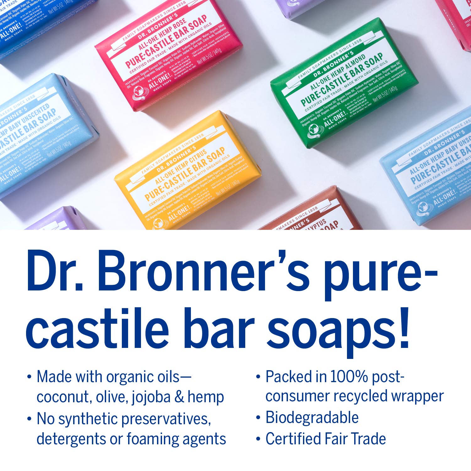 Versatile use on face, body, and hair with Dr. Bronner's bar soap.
