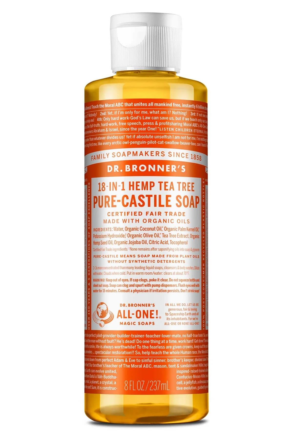 Dr. Bronner's Castile Tea Tree 8 oz bottle, versatile cleanser for skin and surfaces.