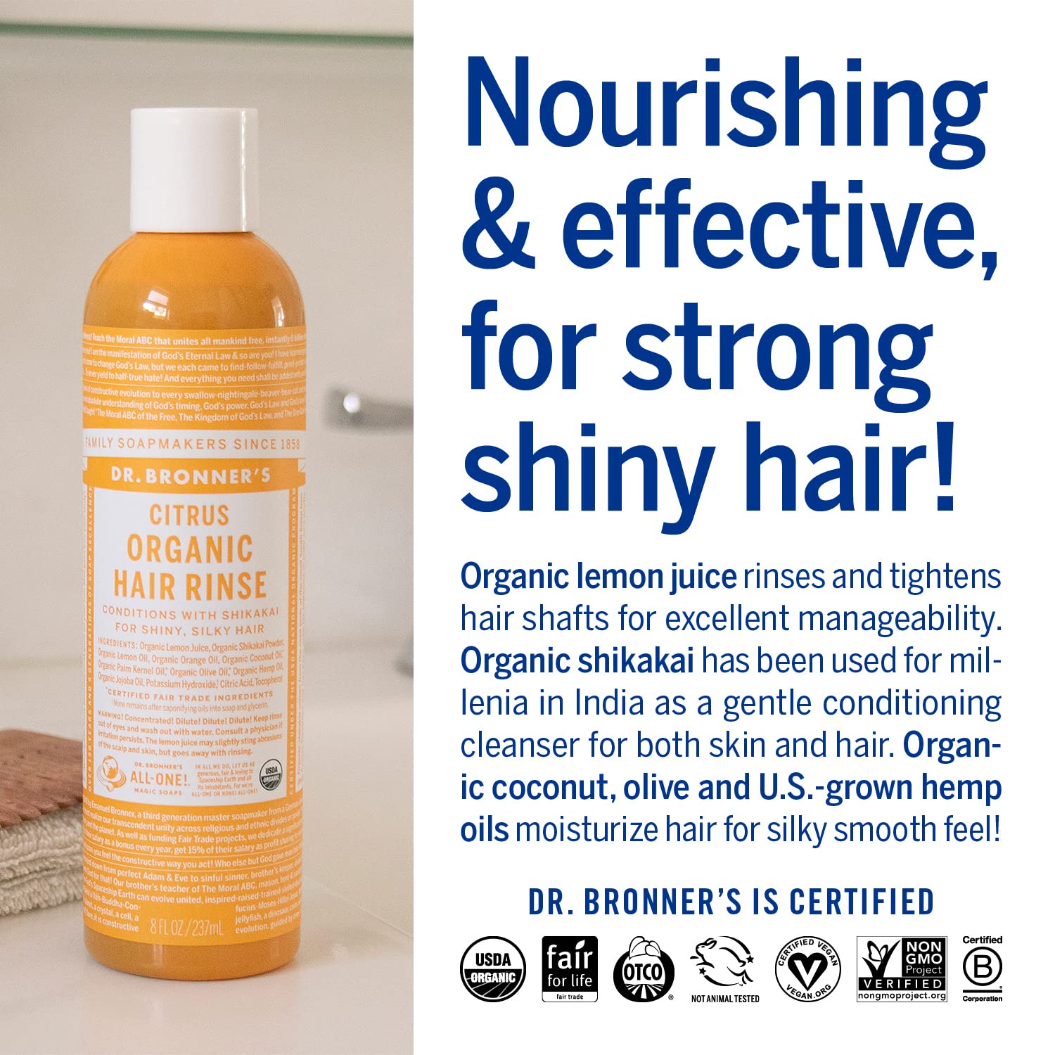 Coconut, olive, and hemp oils depicted as moisturizing ingredients in Dr. Bronner's rinse