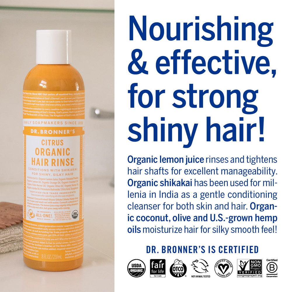 Coconut, olive, and hemp oils depicted as moisturizing ingredients in Dr. Bronner's rinse