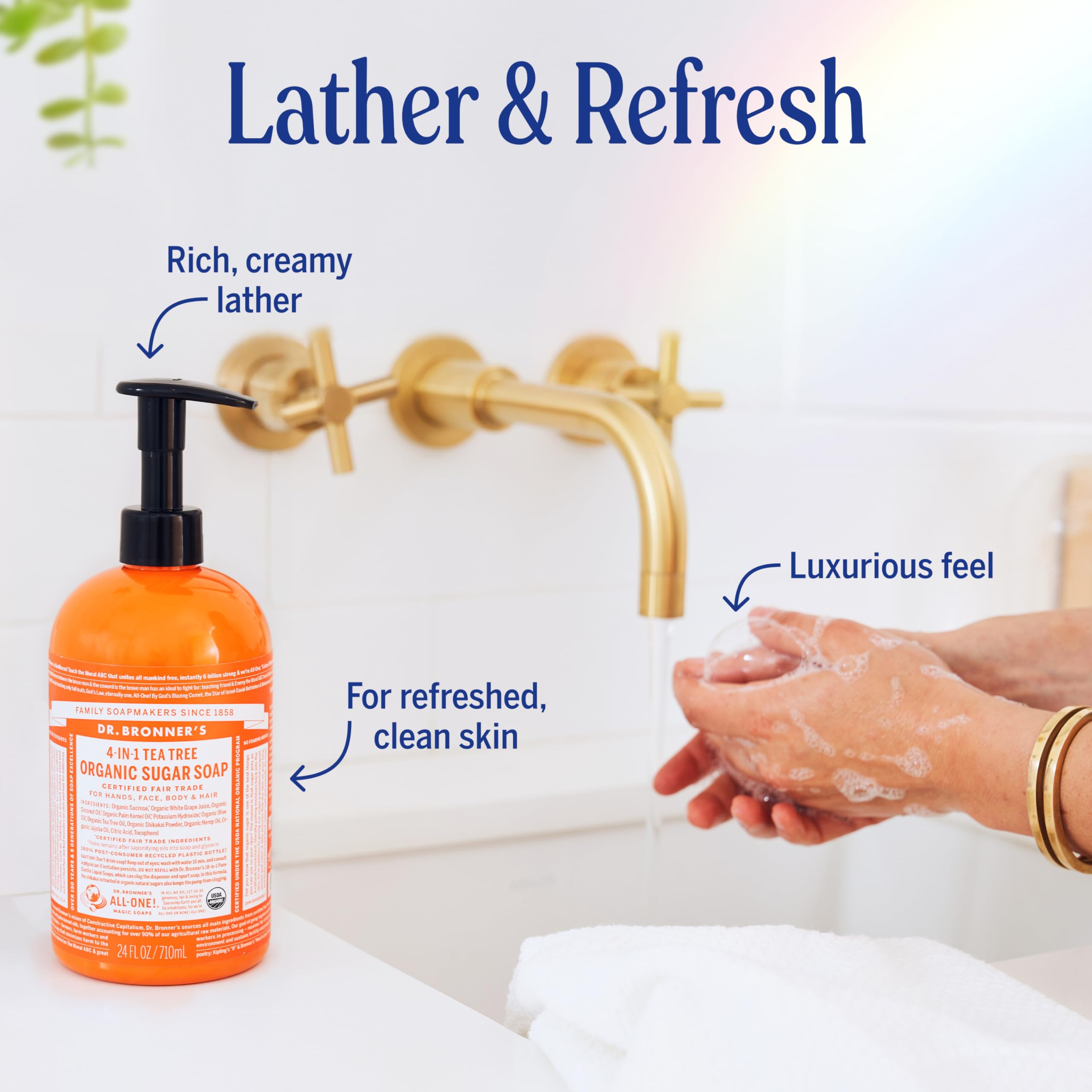 Organic coconut-olive-hemp oil blend creates silky lather in Dr. Bronner's
