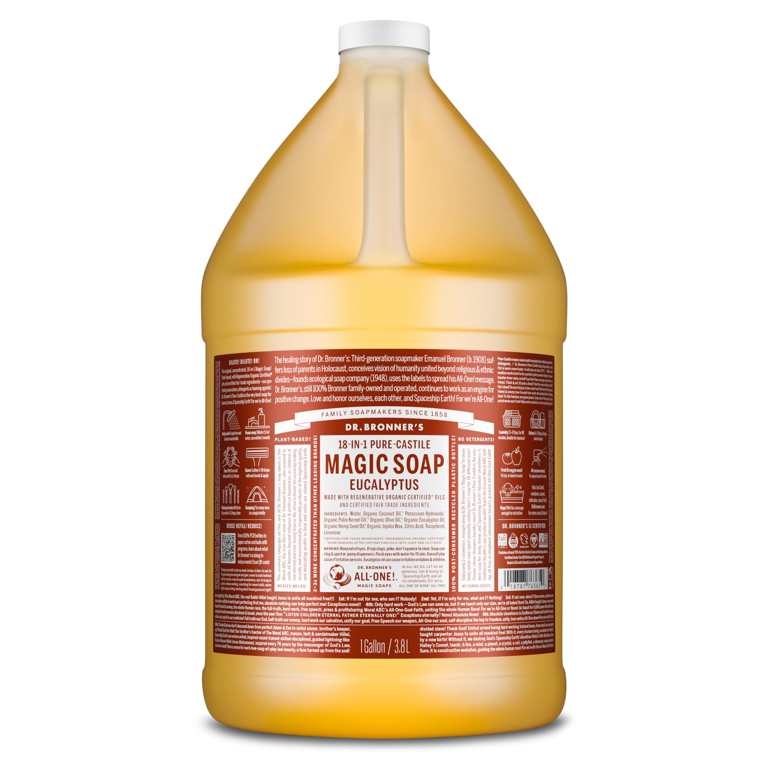 Dr. Bronner's eucalyptus castile soap bottle pours rich lather for gentle cleansing