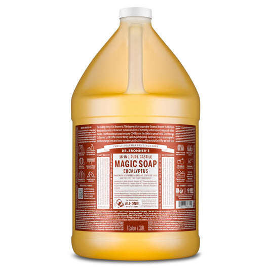 Dr. Bronner's eucalyptus castile soap bottle pours rich lather for gentle cleansing