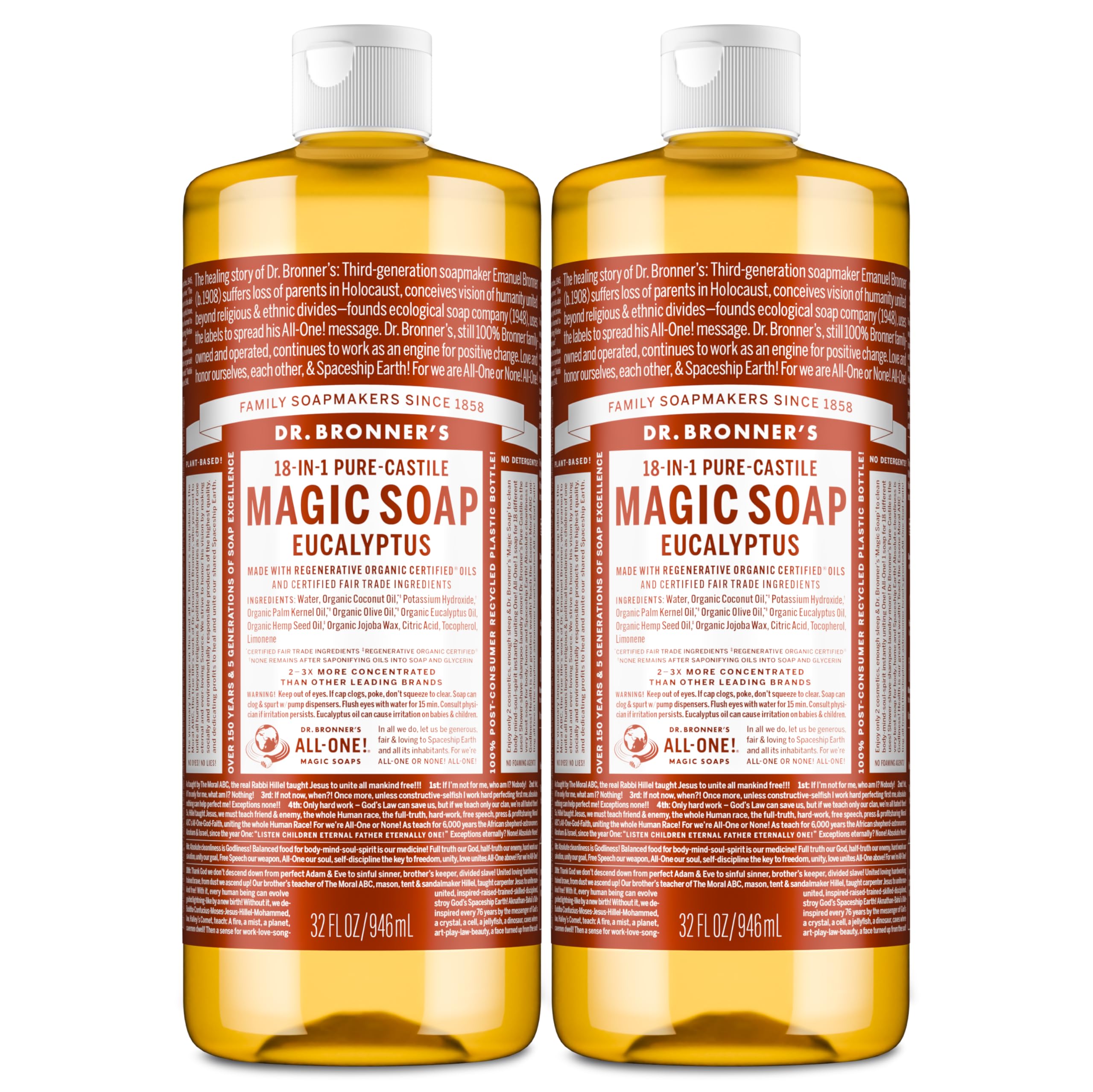 Dr. Bronner’s Eucalyptus Pure-Castile liquid soap 2-pack bottle for versatile cleaning.