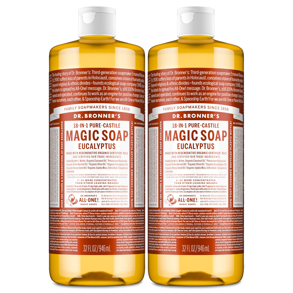 Dr. Bronner’s Eucalyptus Pure-Castile liquid soap 2-pack bottle for versatile cleaning.