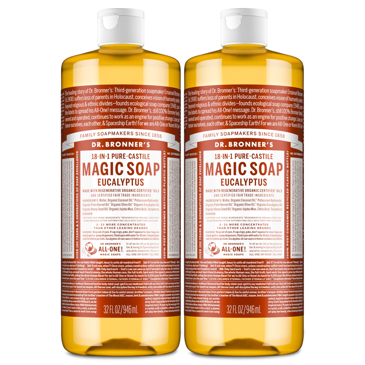 Dr. Bronner’s Eucalyptus Pure-Castile liquid soap 2-pack bottle for versatile cleaning.