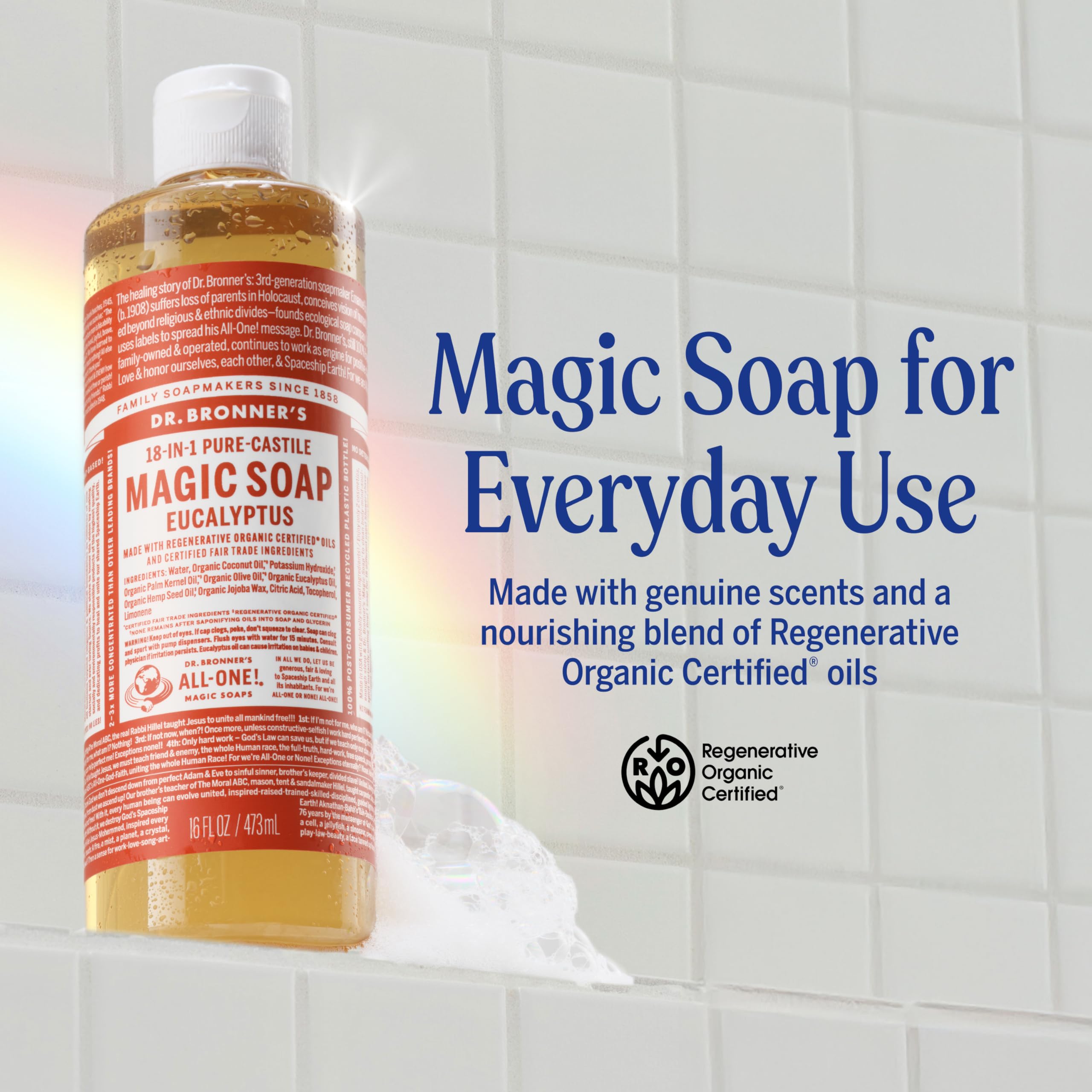 Rich lather from Dr. Bronner’s Eucalyptus Pure-Castile soap for gentle cleansing.
