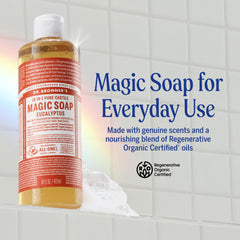 Rich lather from Dr. Bronner’s Eucalyptus Pure-Castile soap for gentle cleansing.