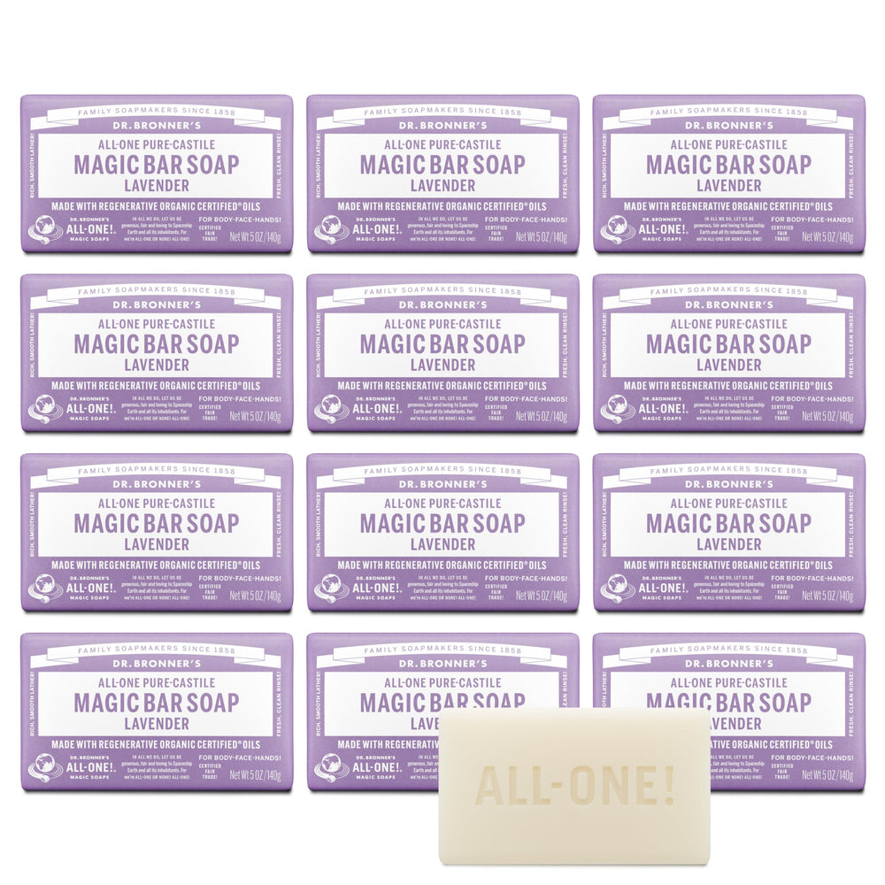 Dr. Bronner's Lavender Pure-Castile bar pack with eco-friendly packaging, ideal for sustainable routines.