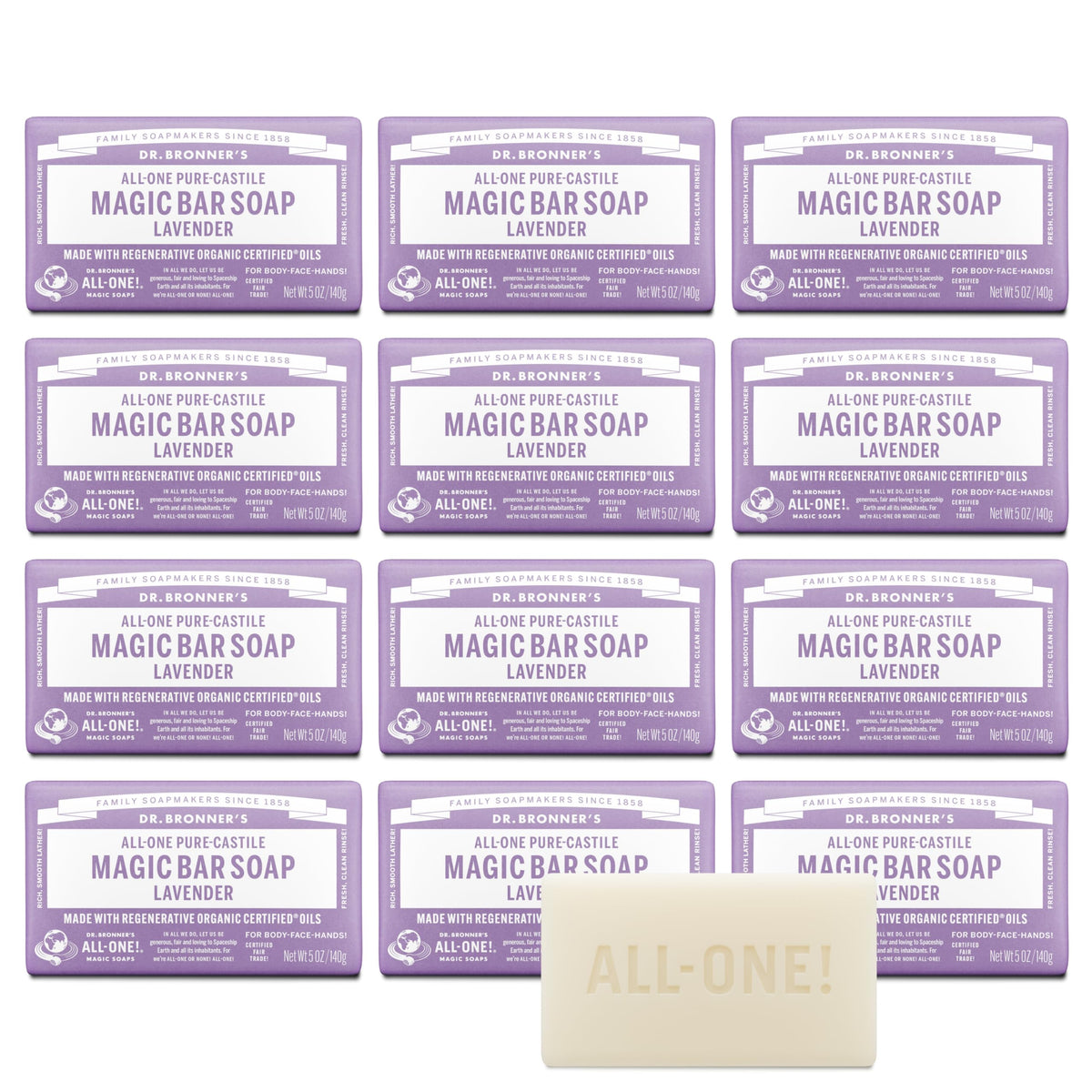 Dr. Bronner's Lavender Pure-Castile bar pack with eco-friendly packaging, ideal for sustainable routines.