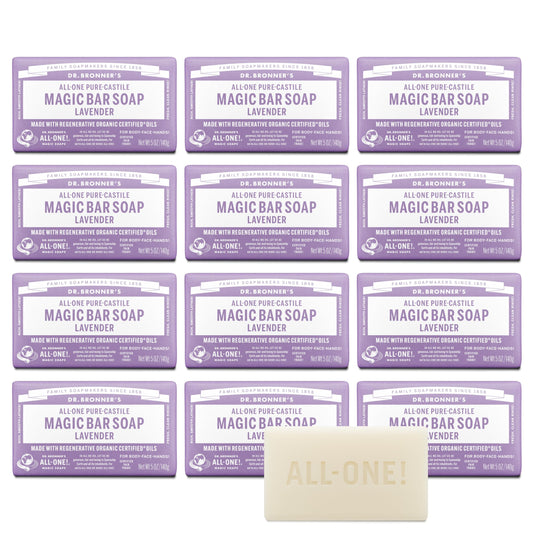 Dr. Bronner's Lavender Pure-Castile bar pack with eco-friendly packaging, ideal for sustainable routines.