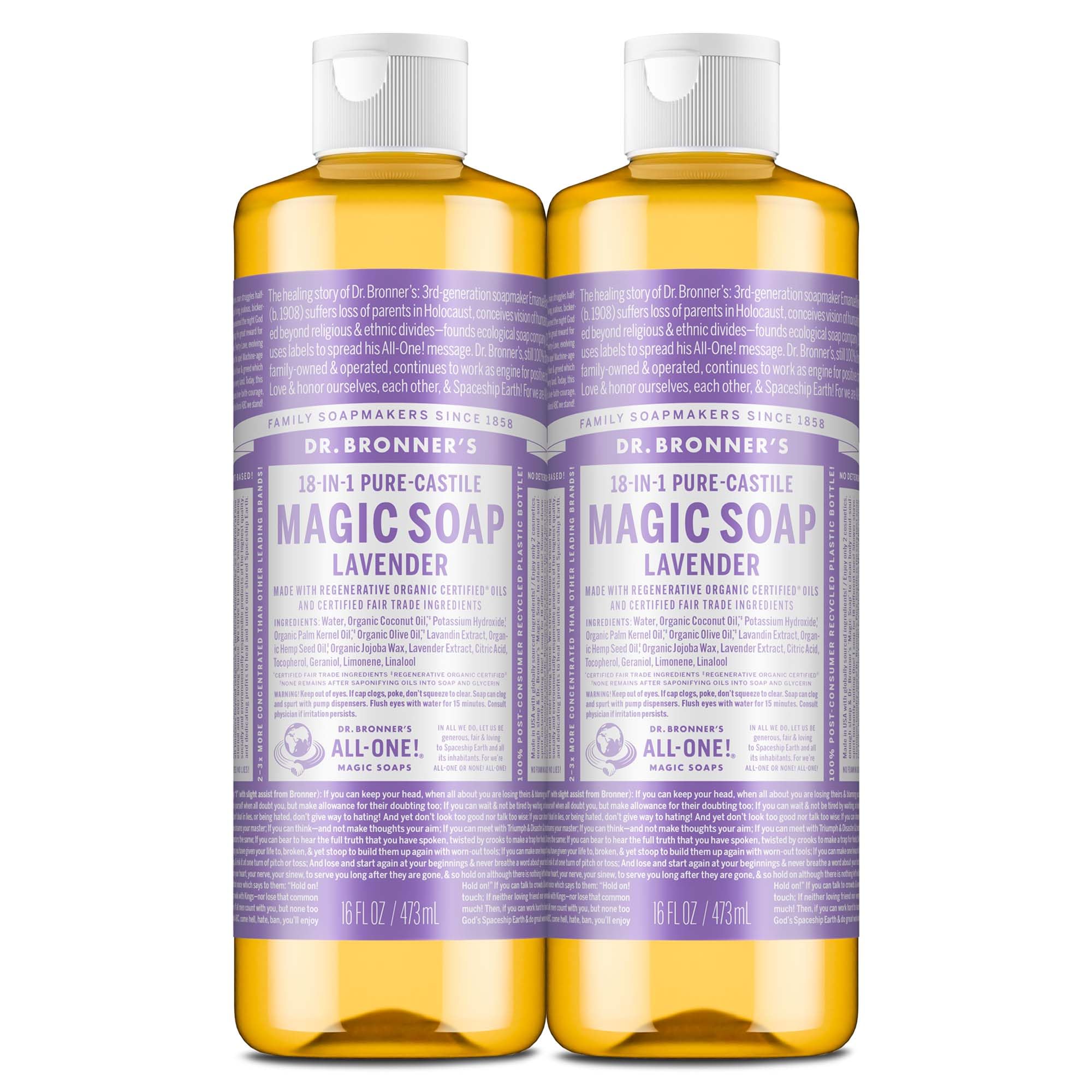 Dr. Bronner's Lavender Pure-Castile Soap bottle in a 2-pack for versatile cleansing