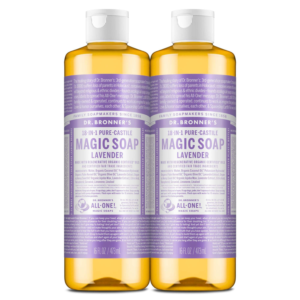 Dr. Bronner's Lavender Pure-Castile Soap bottle in a 2-pack for versatile cleansing
