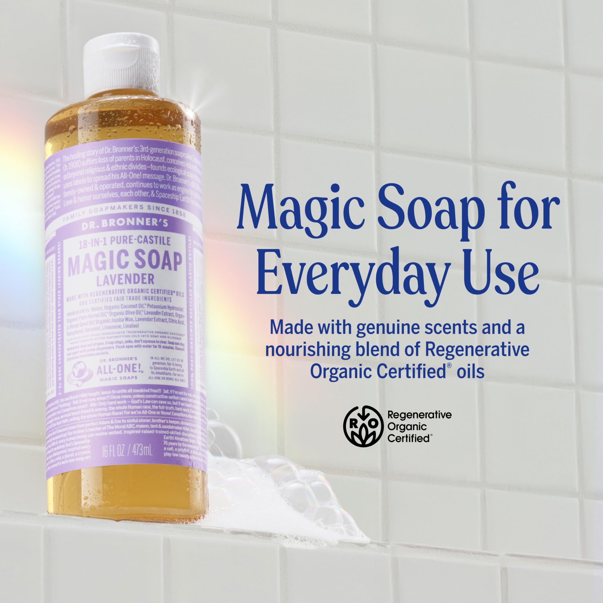 Close-up of Dr. Bronner's Lavender castile lather showing rich, soothing foam