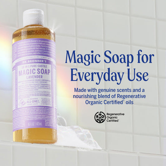 Close-up of Dr. Bronner's Lavender castile lather showing rich, soothing foam
