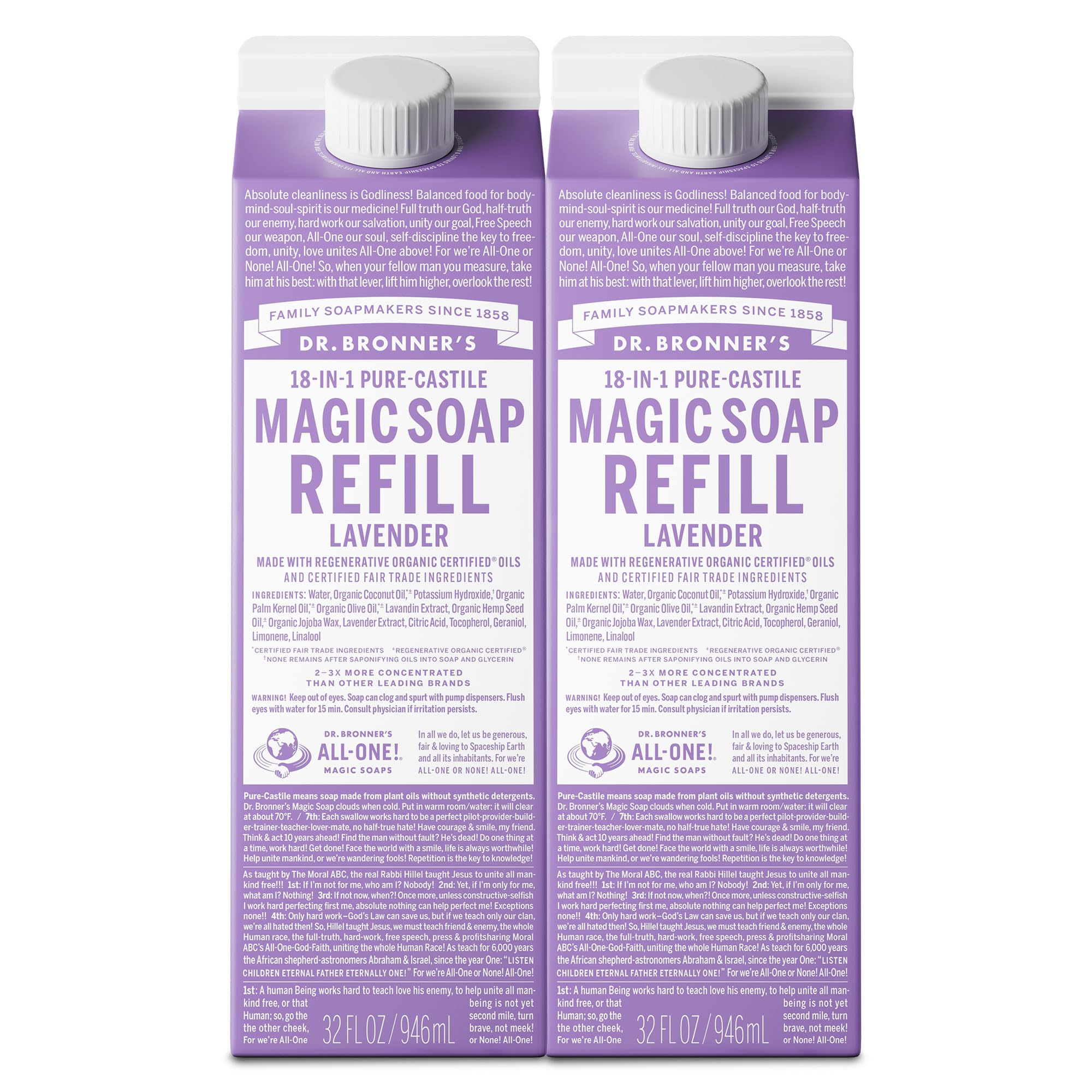 Dr. Bronner's Lavender Pure-Castile Soap refill bottle pouring for versatile cleaning