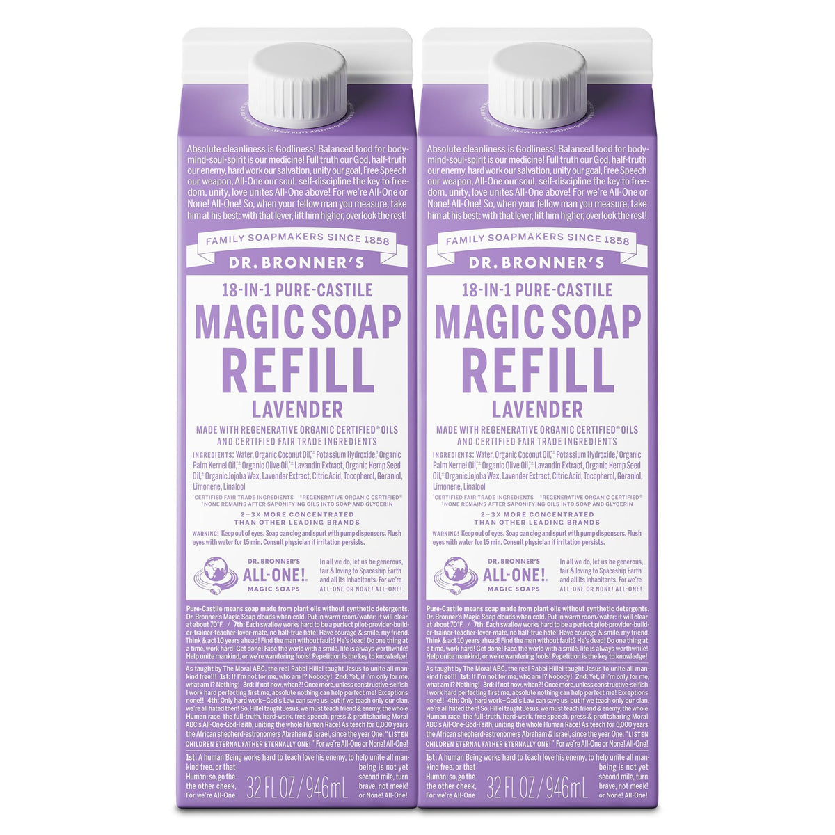 Dr. Bronner's Lavender Pure-Castile Soap refill bottle pouring for versatile cleaning