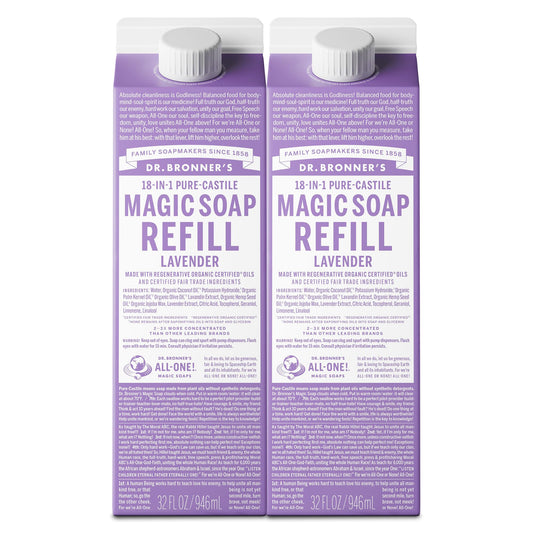 Dr. Bronner's Lavender Pure-Castile Soap refill bottle pouring for versatile cleaning