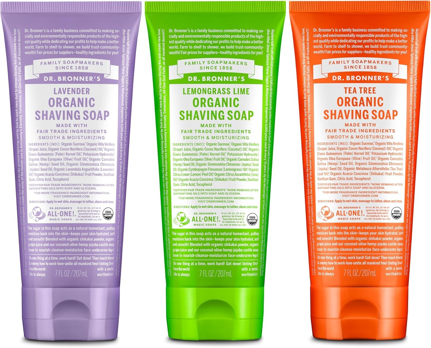 Dr. Bronner's Lavender shaving soap shows a rich lather for a smooth shave.