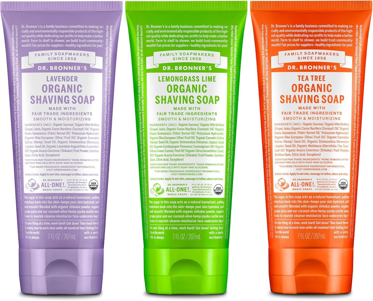 Dr. Bronner's Lavender shaving soap shows a rich lather for a smooth shave.
