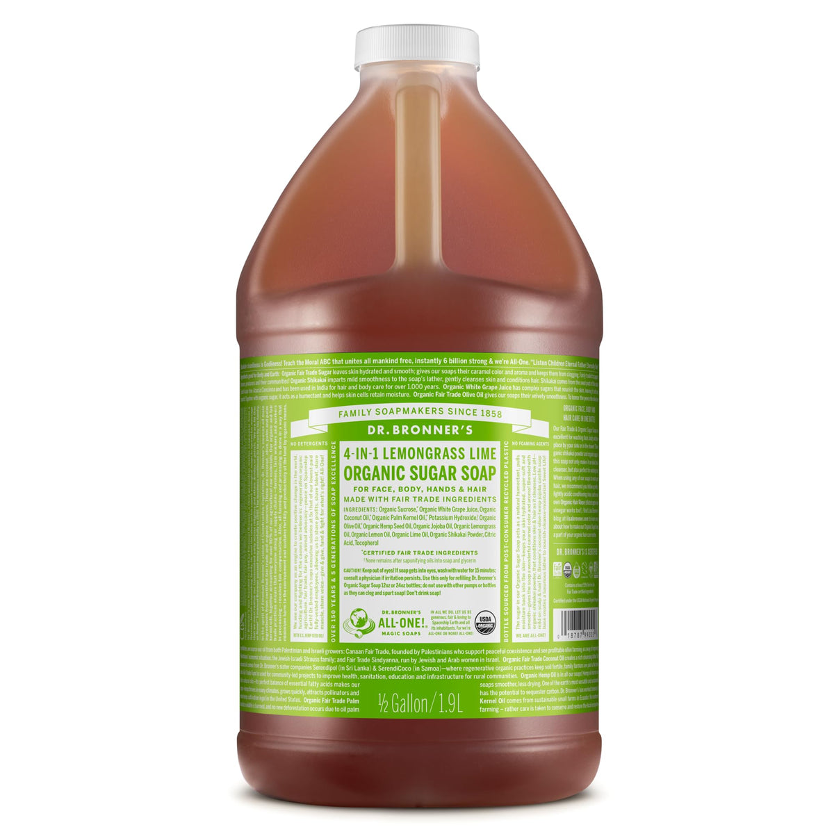 Dr. Bronner's Lemongrass Sugar Soap bottle for everyday cleansing with organic oils