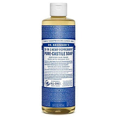 Dr. Bronner's peppermint castile soap bottle pour for versatile cleansing and refreshing aroma.
