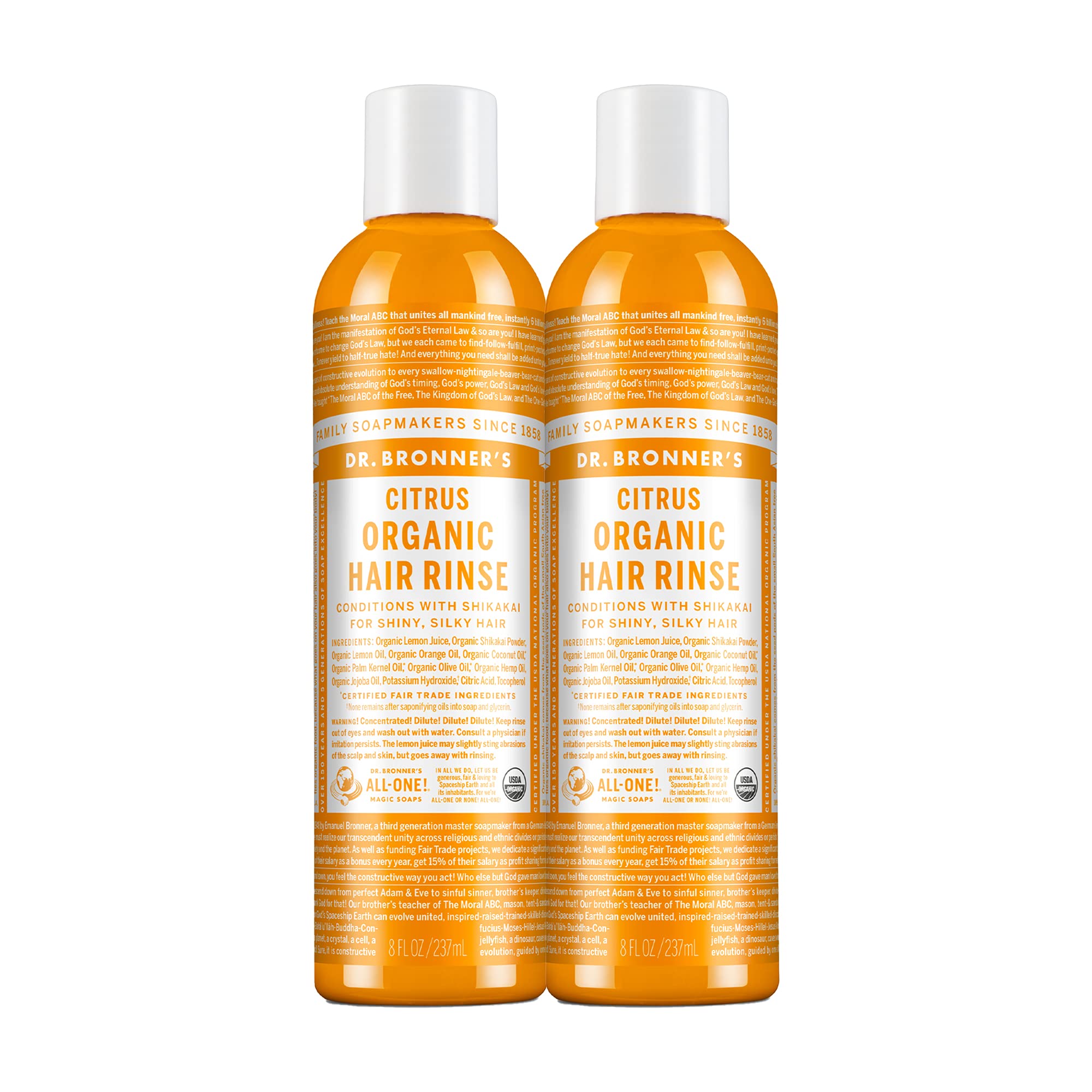Dr. Bronner's Citrus Orange hair rinse two-pack bottle showing the product on display