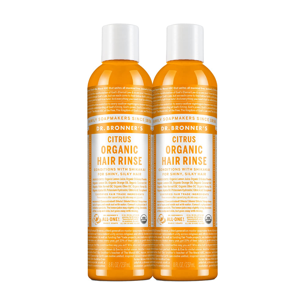 Dr. Bronner's Citrus Orange hair rinse two-pack bottle showing the product on display