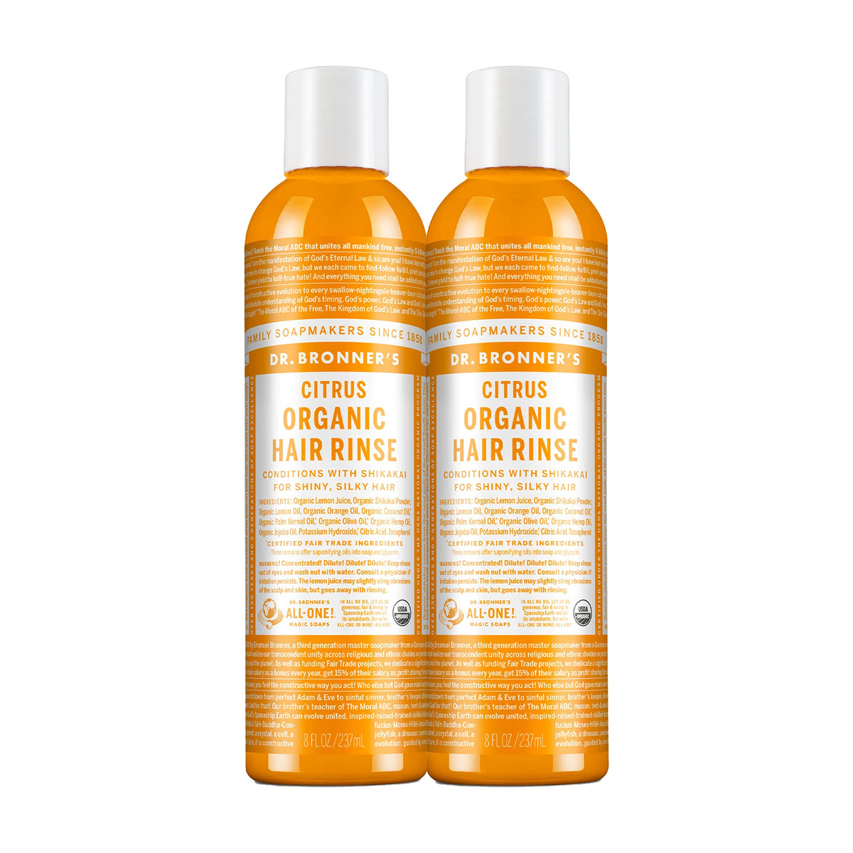 Dr. Bronner's Citrus Orange hair rinse two-pack bottle showing the product on display