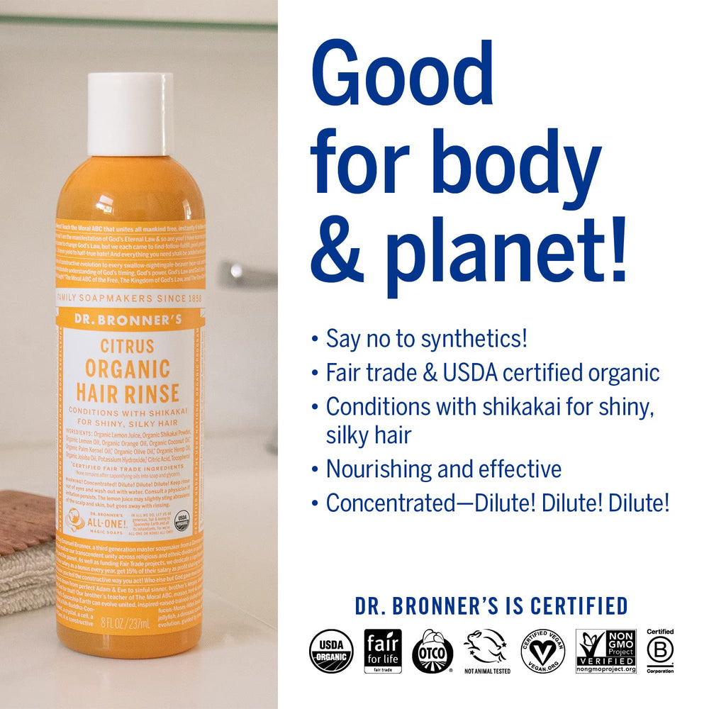 Pouring Dr. Bronner's Citrus Orange hair rinse demonstrates lightweight conditioning