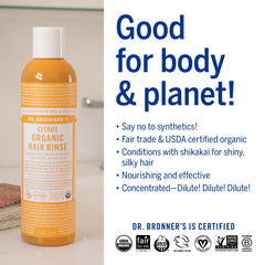 Pouring Dr. Bronner's Citrus Orange hair rinse demonstrates lightweight conditioning