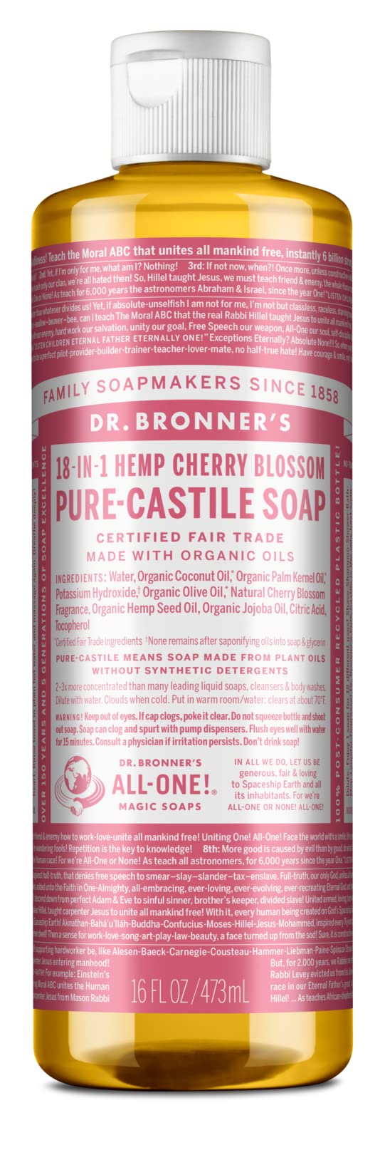 Dr. Bronner's Organic Cherry Blossom liquid Castile soap bottle for daily cleansing.