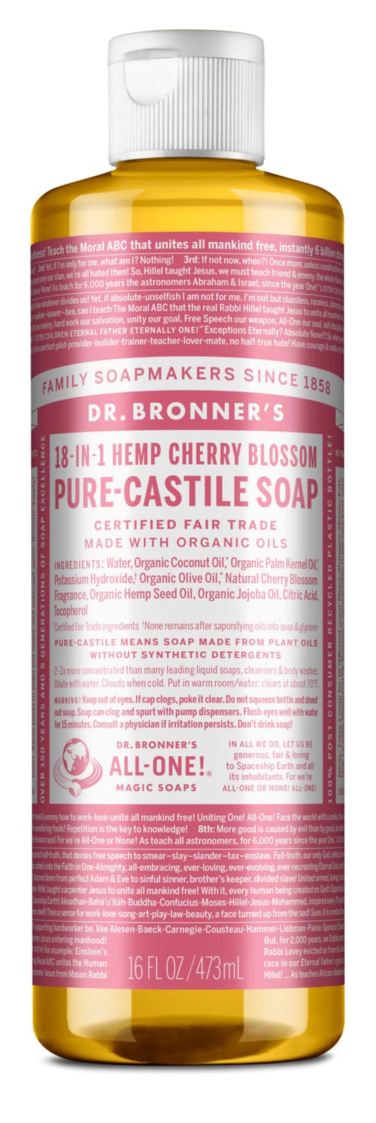 Dr. Bronner's Organic Cherry Blossom liquid Castile soap bottle for daily cleansing.