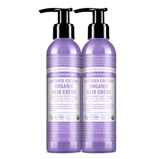 Dr. Bronner's Organic Hair Crème Lavender Coconut bottle highlighting shine and manageability