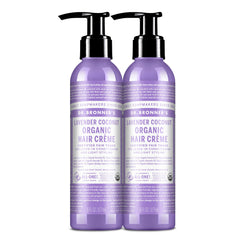 Dr. Bronner's Organic Hair Crème Lavender Coconut bottle highlighting shine and manageability
