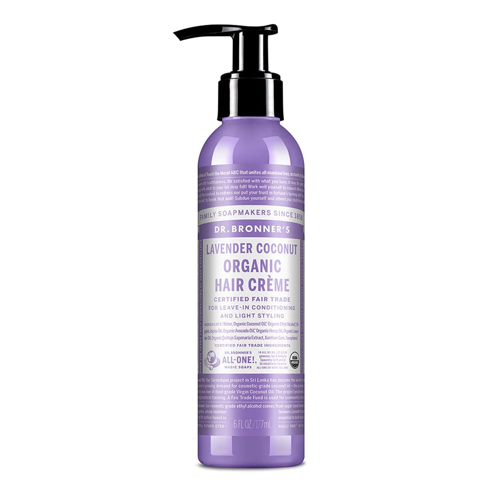 Dr. Bronner's Organic Hair Crème Leave-In bottle for smooth, manageable hair.