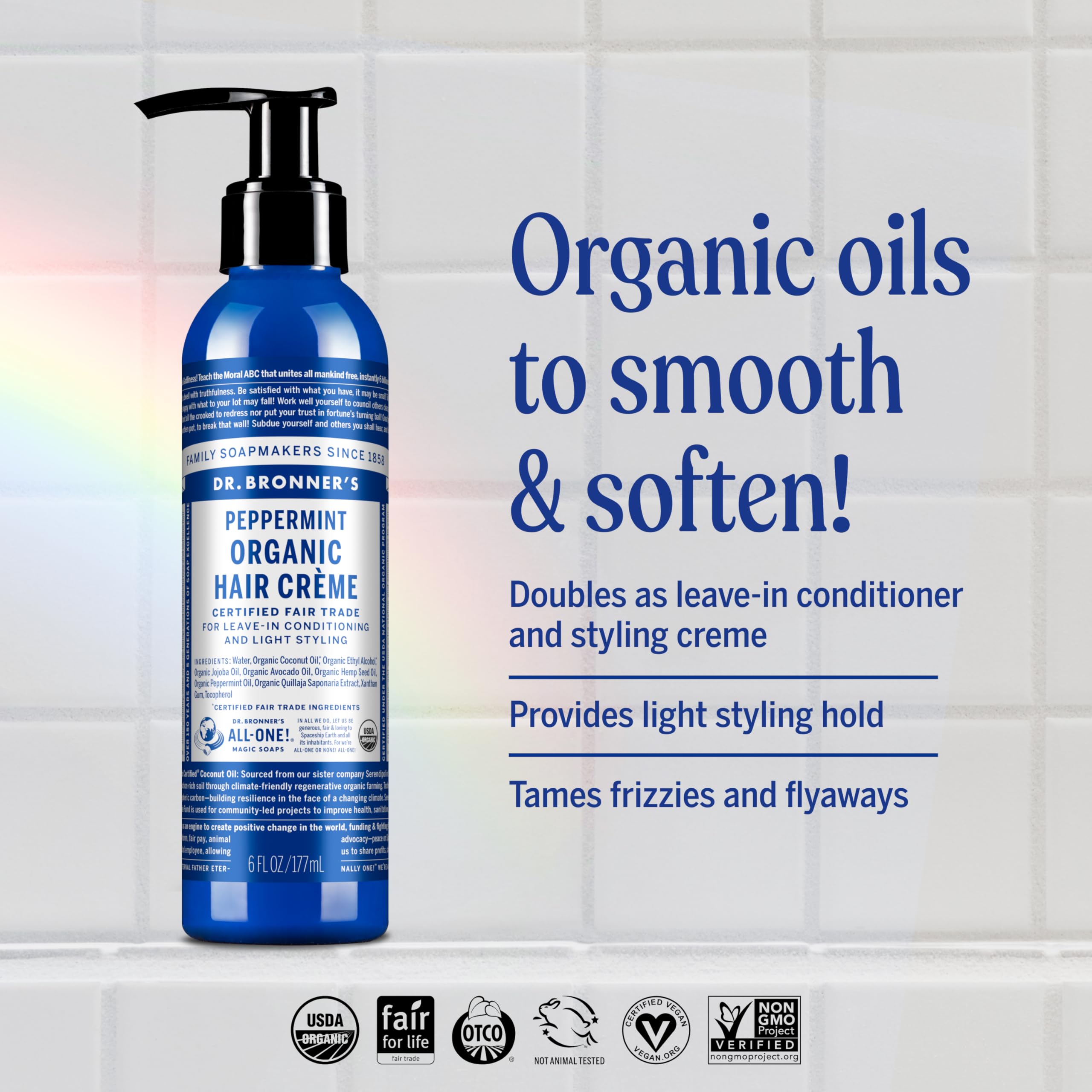 Dr. Bronner's Organic Hair Crème Peppermint on wet hair showing frizz-ready styling.
