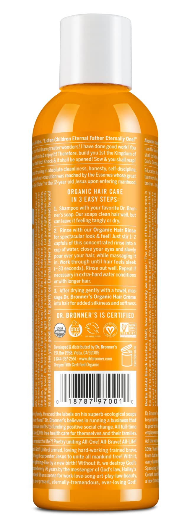 Dr. Bronner's Organic Hair Rinse Citrus Orange label closeup highlighting vegan, fair-trade formula