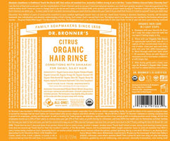Dr. Bronner's Organic Hair Rinse Citrus Orange textured cap shot showing easy pour and lightweight conditioning