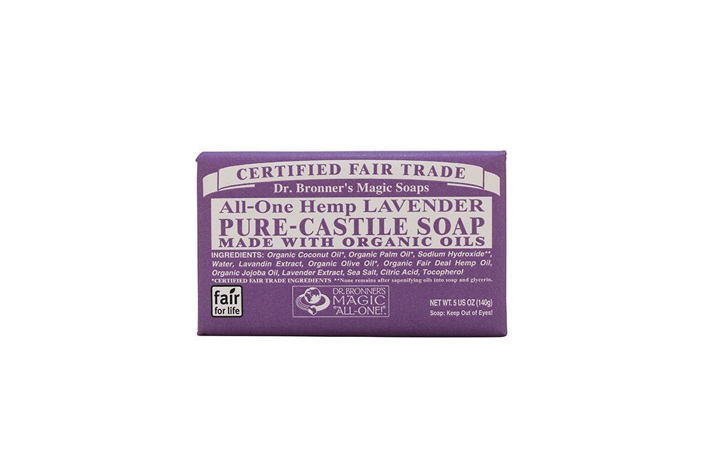 Dr. Bronner's Organic Lavender Bar Soap close-up showing creamy lather and lavender aroma.