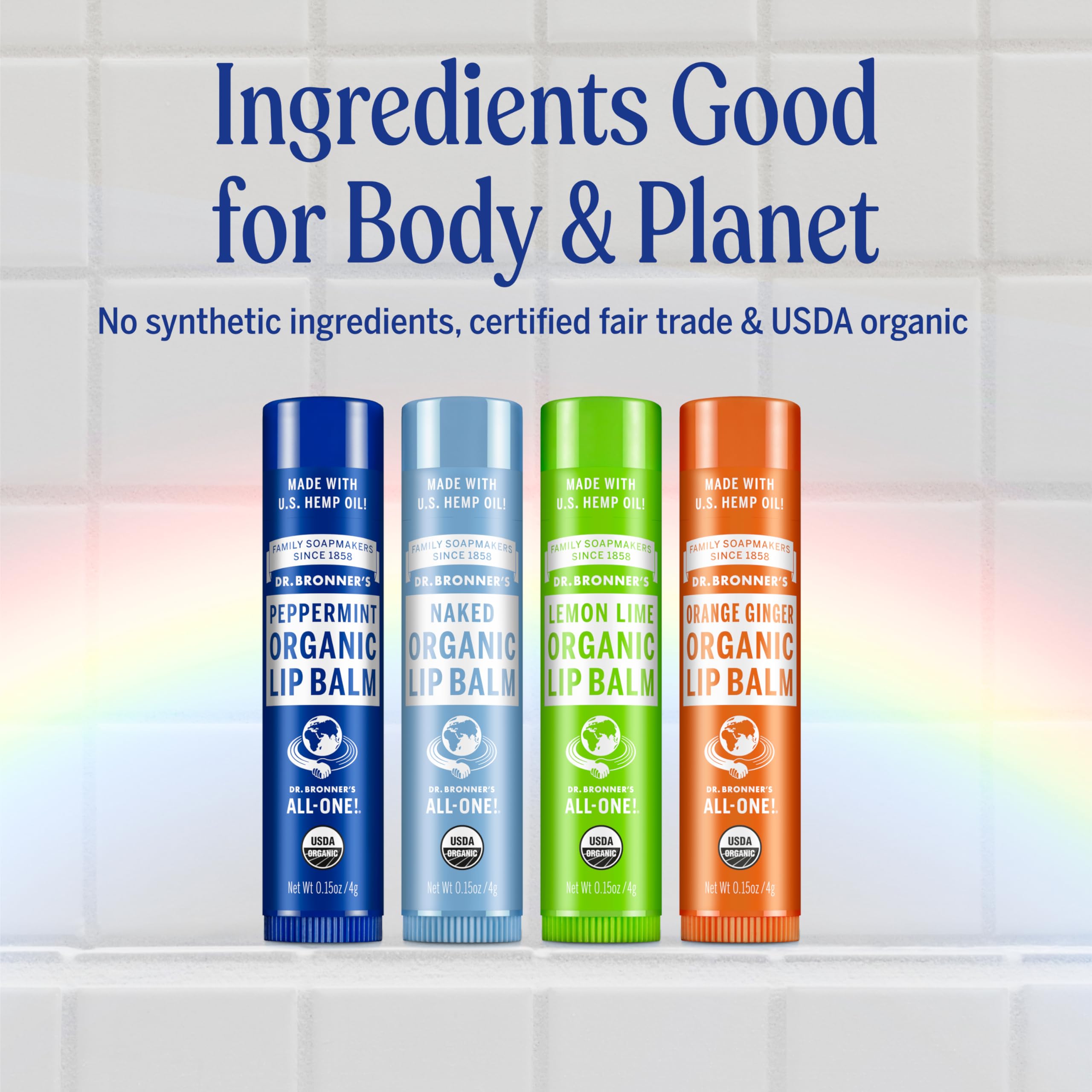 Dr. Bronner’s lip balm travel-size display; convenient on-the-go moisture