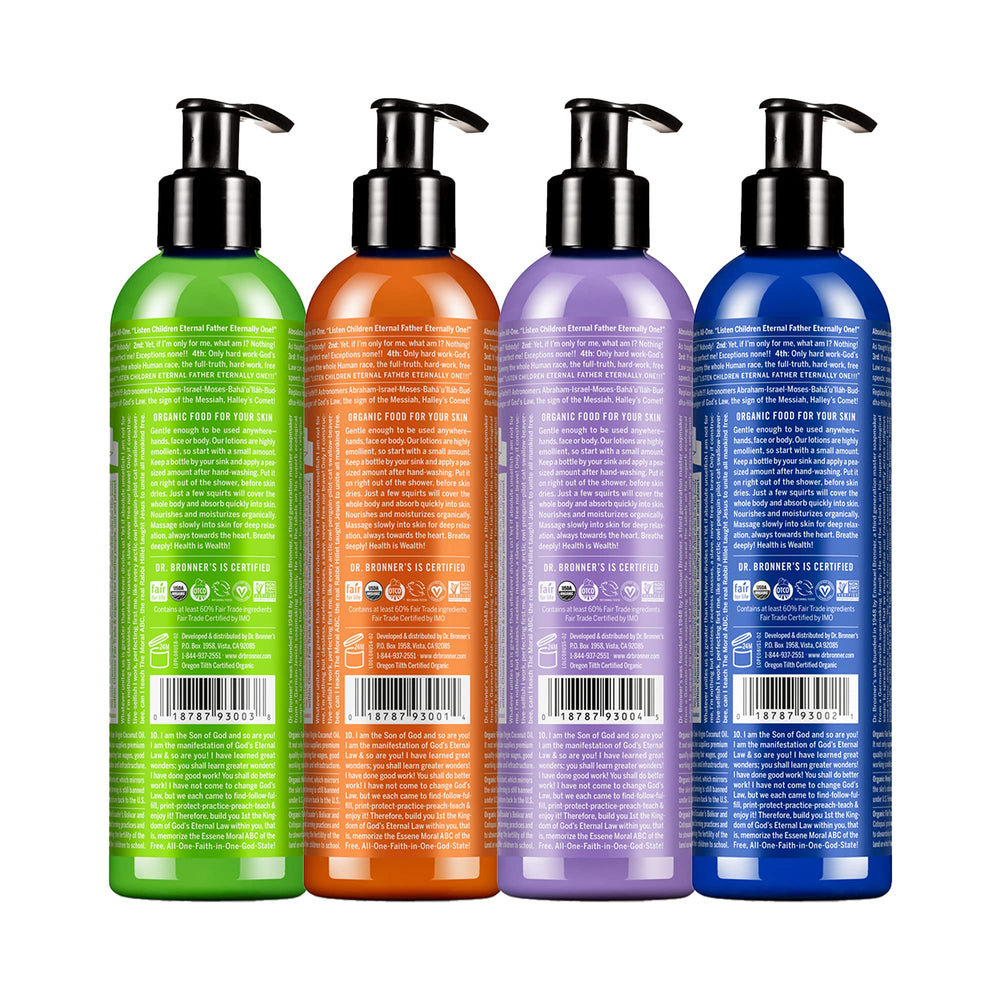 Dr. Bronner's Organic Lotion lavender coconut bottle, soothing skin after bath or shower.