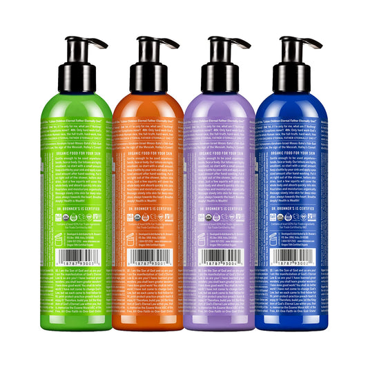 Dr. Bronner's Organic Lotion lavender coconut bottle, soothing skin after bath or shower.
